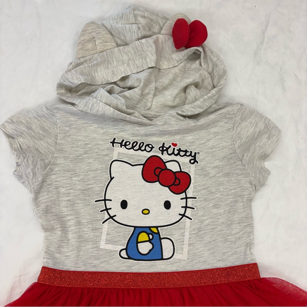 Hello Kitty Sanrio Girls' Hooded Tulle Dress Size Small Red Gray Cat Ears - Picture 2 of 6